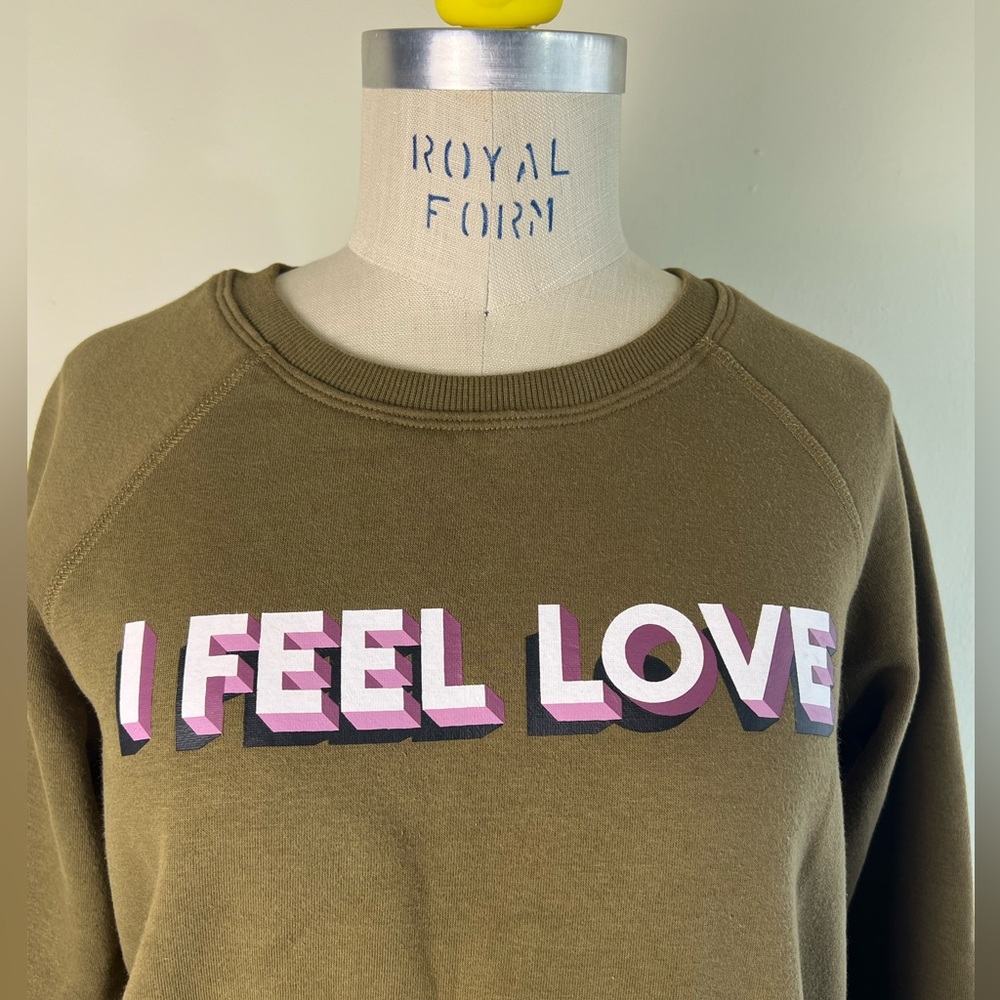 GUC Rebecca Minkoff Olive Green 'I Feel Love' Graphic Crewneck Sweatshirt SZ-S - Picture 8 of 13